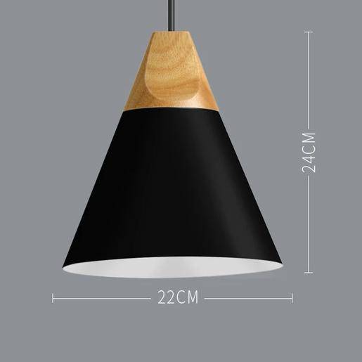 Pendant light made of coloured metal and wood in various shapes Nordic