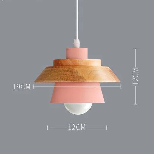 Pendant light made of coloured metal and wood in various shapes Nordic