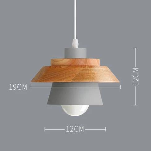 Pendant light made of coloured metal and wood in various shapes Nordic