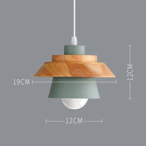 Pendant light made of coloured metal and wood in various shapes Nordic