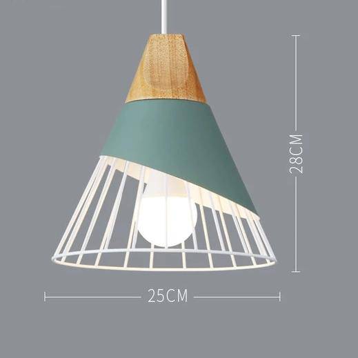 Pendant light made of coloured metal and wood in various shapes Nordic