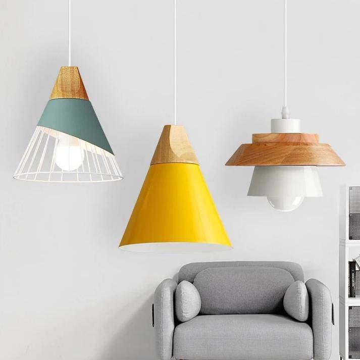 Pendant light made of coloured metal and wood in various shapes Nordic