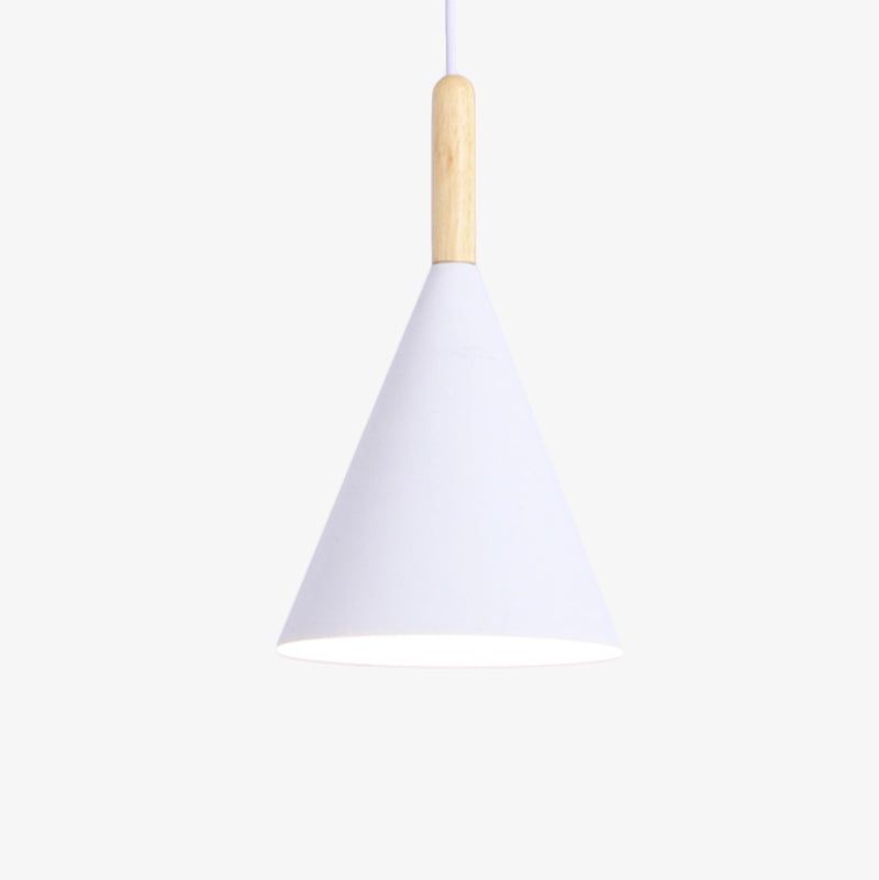 pendant light conical colored metal and wooden rod Bar