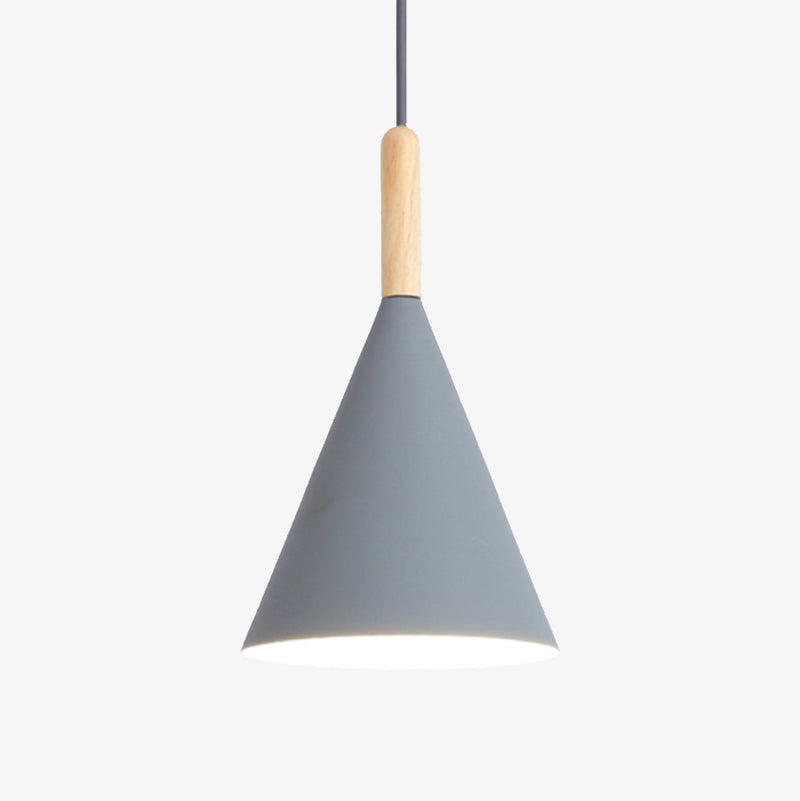 pendant light conical colored metal and wooden rod Bar