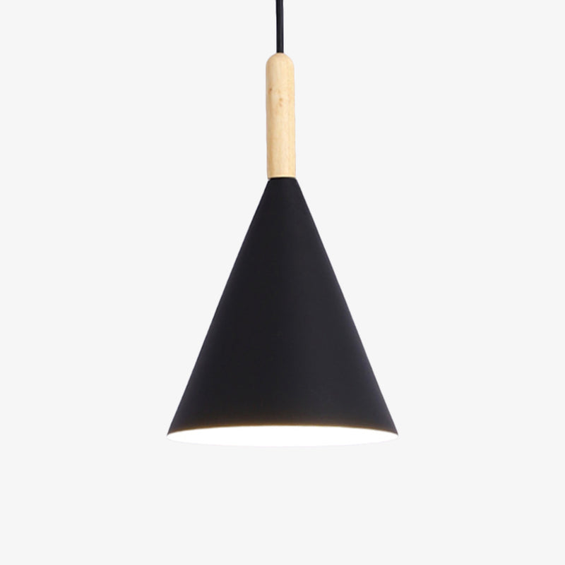 pendant light conical colored metal and wooden rod Bar