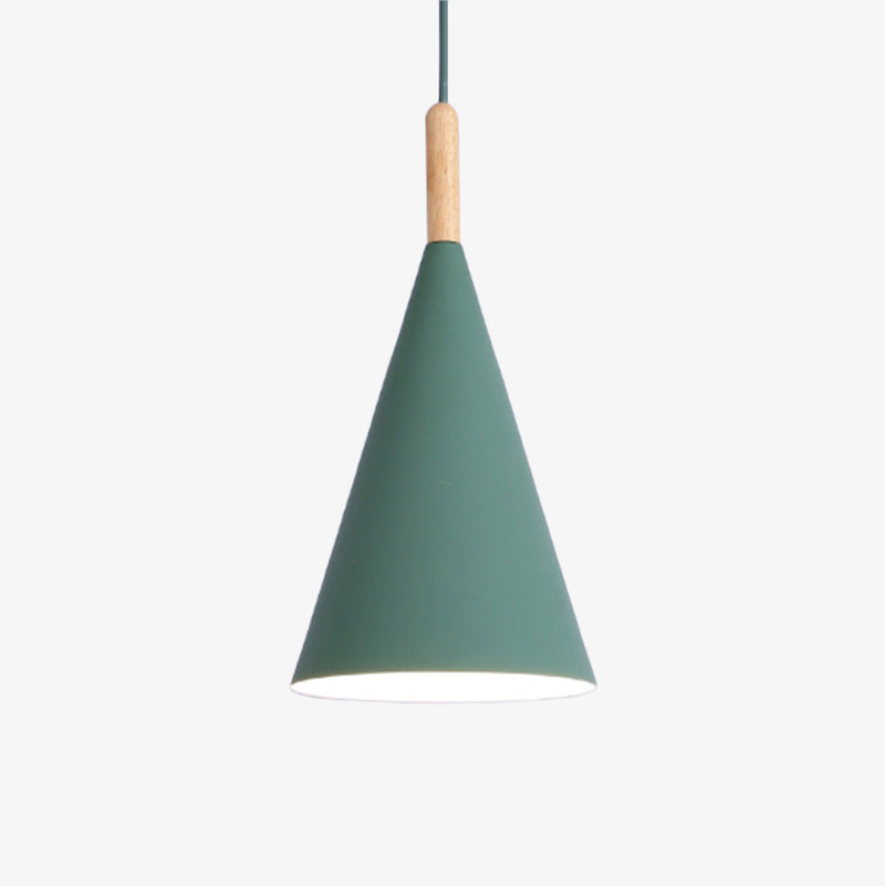 pendant light conical colored metal and wooden rod Bar