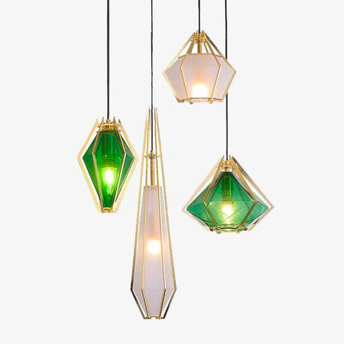 Suspension design à LED en verre et cage dorées