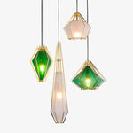 Suspension design à LED en verre et cage dorées