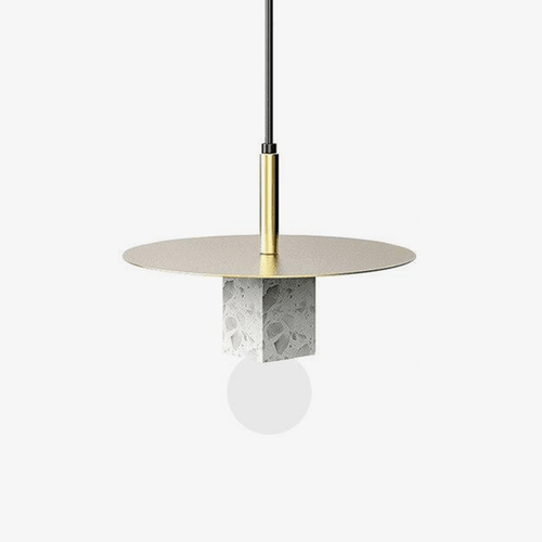 Suspension design LED avec cube en marbre et disque doré - vue 2 sur 11