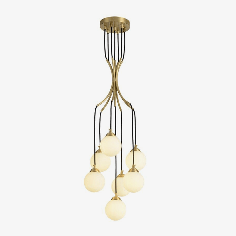 pendant light LED design with several golden rods and Spiral light balls