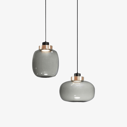 Suspension design LED avec sphère en verre et cercle cuivré - vue 2 sur 8