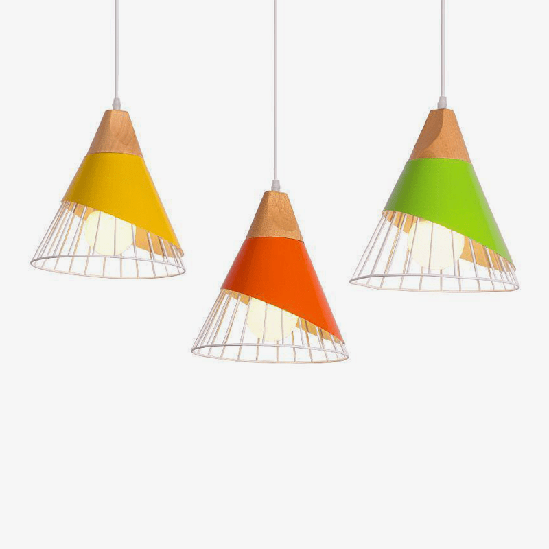 Suspension design LED en bois et cage de couleur