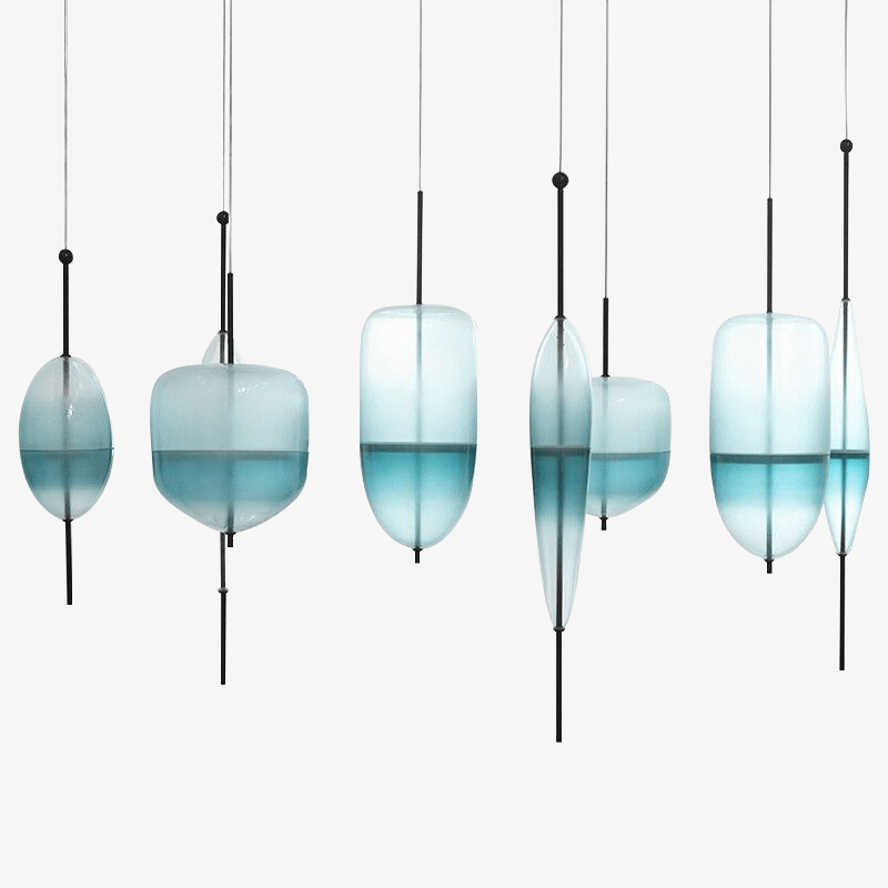 Suspension design LED en verre bleu de plusieurs formes