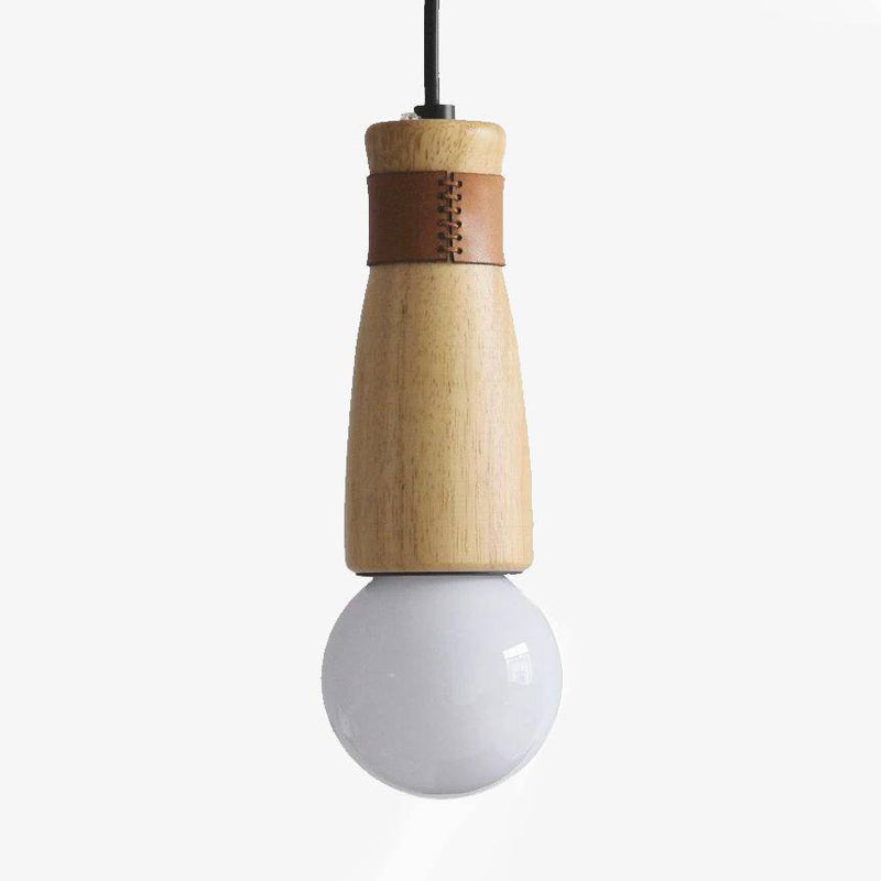 Suspension LED de formes cylindriques en bois avec bracelet simili cuir
