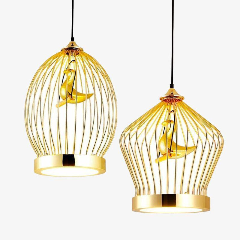 Lámpara de suspensión Jaula dorada para pájaros con LEDs