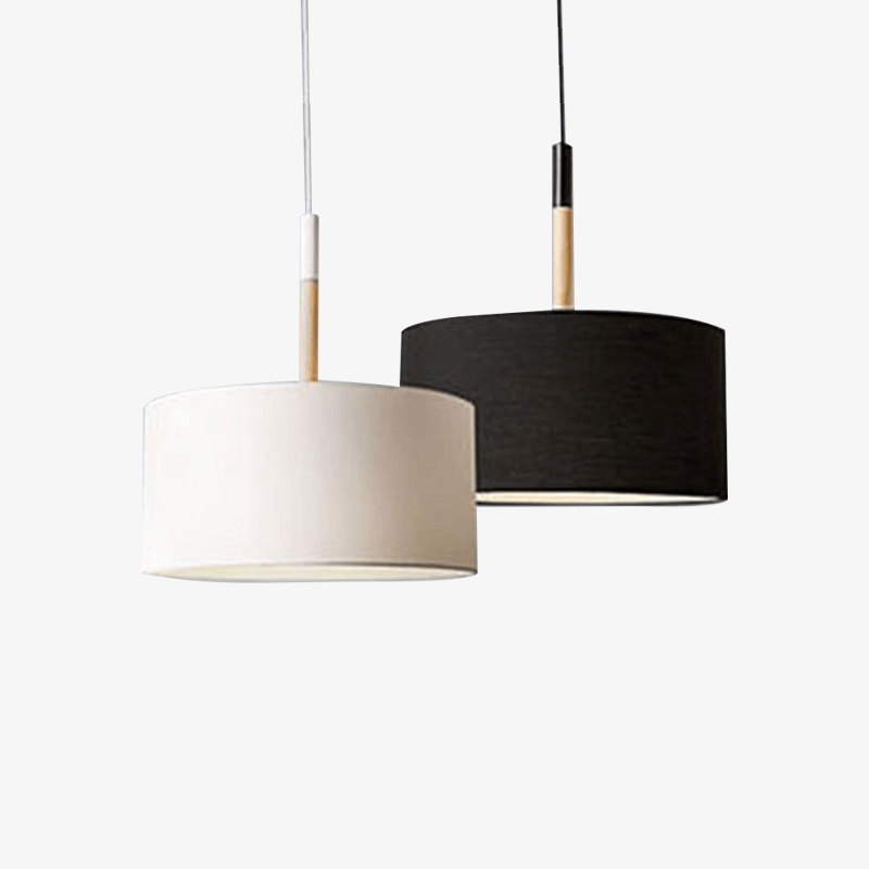 Modern LED pendant light with shade fabric and wooden stem (black or white)