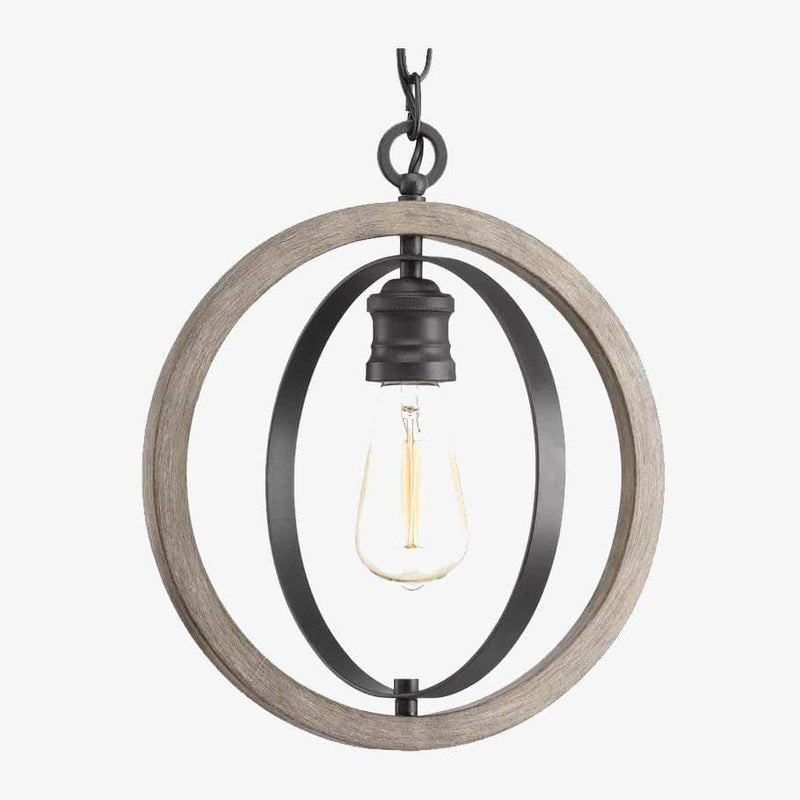 Lámpara de suspensión Retroiluminación LED con círculo de madera y metal negro Simple