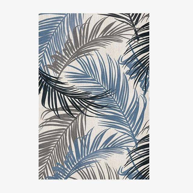 Tapis rectangle dessins feuilles de palmier bleues et grises