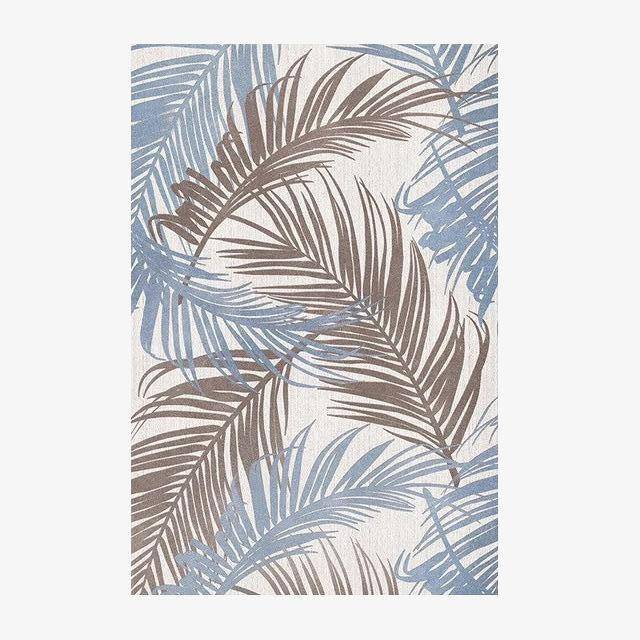 Tapis rectangle dessins feuilles de palmier bleues et marron
