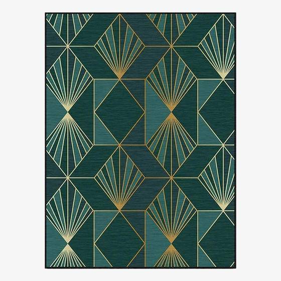 Green rectangle carpet with gold geometric figures House